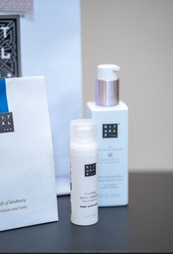 Pathum Thani, Thailand - 18 January 2026 : Rituals hair serum and hand cream with paper bag, gilf set of rituals package.