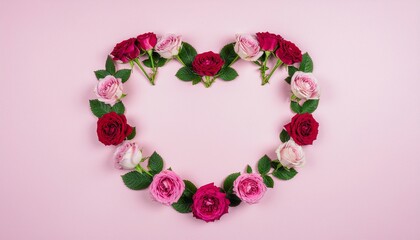 Heart shape formed by pink and red roses with green leaves arranged on a light pink surface viewed from above