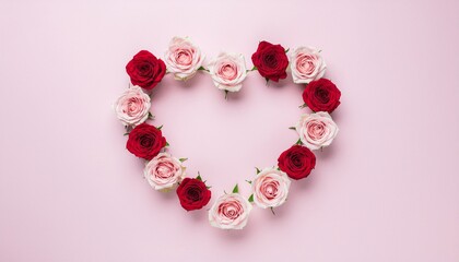Heart shape formed with red and white roses on a pink surface creating a romantic floral arrangement for love or celebration