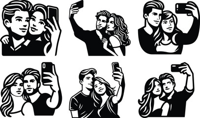 Valentine day couple taking selfie bundle silhouette icon vector art illustration