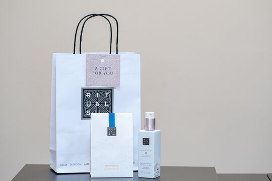 Pathum Thani, Thailand - 18 January 2026 : Rituals hair serum and hand cream with paper bag, gilf set of rituals package.