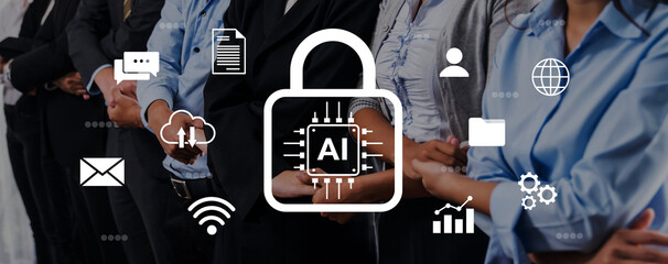 A diverse group of professionals engages in a discussion about artificial intelligence security and privacy, surrounded by digital icons symbolizing technology and data protection. Gantry