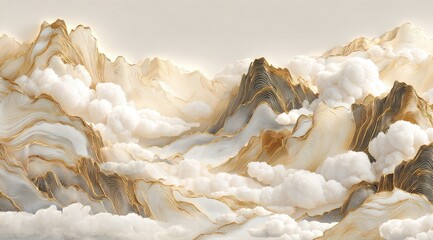 Ethereal peaks in swirling clouds, golden accents create magic