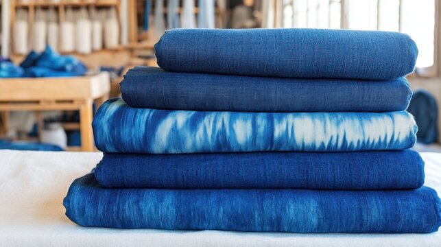 Stacks of vibrant blue hand dyed indigo fabric with swirling patterns displayed indoors