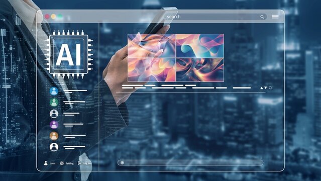 AI platform generating art images with dynamic interface. AI-generated content appears in image gallery artificial intelligence view. Genrative AI loading multiple image from AI design engine. Muxer