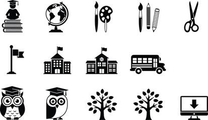 Black education icon set featuring school supplies buildings transport and learning symbols isolated on white background for academic design infographic and web use