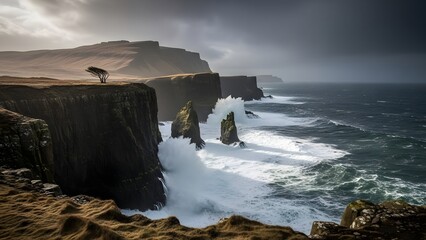 Dramatic coastal landscape with cliffs and crashing waves under a stormy sky