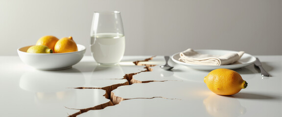 Table with lemons and water glass on cracked surface symbolizing Earthquake  