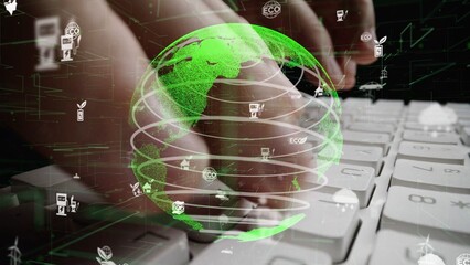 A creative representation of digital innovation highlighting sustainability, featuring hands typing on a keyboard with a green globe overlay, symbolizing global eco-friendly technology. Xenic