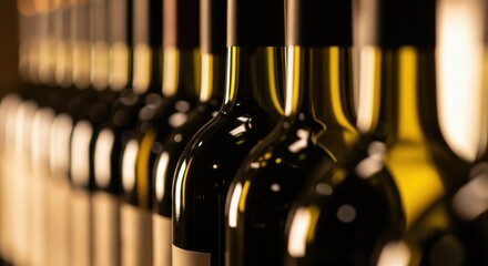 A long row of dark wine bottles creating a repeating pattern with shallow depth of field