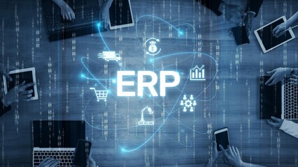 ERP platform visual showing centralized system for enterprise resource planning, improving integration, data flow, business efficiency, finance, inventory, and human resources. Muxer