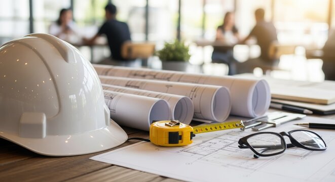 Architectural blueprints and safety helmet on a desk for construction planning