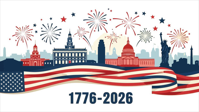 Liberty Wave Skyline &mdash; Flag Forms Creating Iconic Landmarks with 1776&ndash;2026..eps
