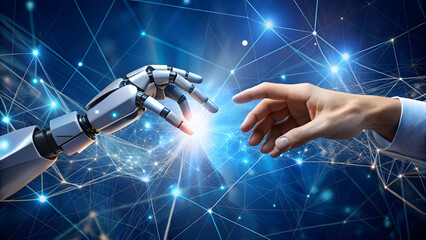 A robotic hand and a human hand touching with a glowing blue network background