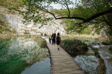 Plitvicka Jezera, Croacia - 04.20.2025: tourists on platform in Plitvice Lakes National Park