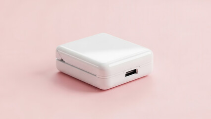 A compact, foldable phone charger with a light, glossy finish, placed neatly on a soft pink background