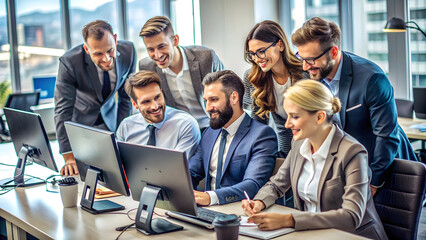 A group of business professionals gathered around a computer in a modern office setting