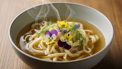 Steaming bowl of delicate noodle soup garnished with fresh edible flowers and herbs.