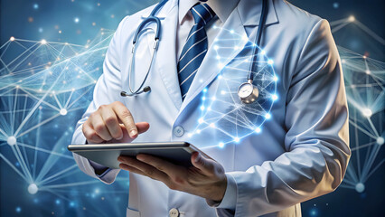 A doctor in a white lab coat uses a tablet with a futuristic network background