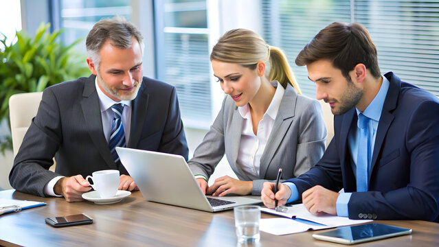 Three business professionals collaborating on a project in a modern office setting - Powered by Adobe