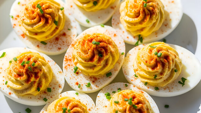 Deviled eggs on white plate with yellow filling and green herbs and red spices