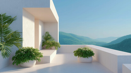 Naklejka premium Minimalist white modular balcony with green potted plants and palm leaves overlooking a serene landscape of rolling blue mountains under a clear sky