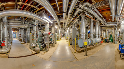 Fototapeta premium An industrial setting with a complex network of pipes and machinery likely a factory or processing plant