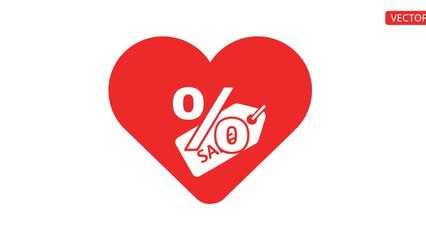 Red Heart with Sale Tag and Percentage Discount Icon, Love for Shopping