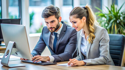 Two business professionals collaborating on a computer in a modern office setting