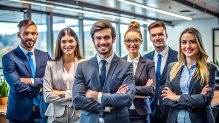 A group of confident business professionals standing together in a modern office setting.