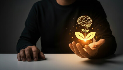 Mental health growth potential, Glowing brain plant hologram, Psychology education icon, Cognitive development vision