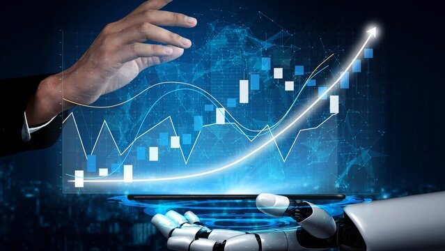 A robotic hand interacts with financial graphs and data in a digital space, showcasing the integration of artificial intelligence in data analysis and market insights. Copula - Powered by Adobe