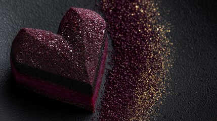 Dark heart shaped dessert with deep berry texture and subtle gold dust on a black background. Luxury gourmet food concept for Valentine’s Day, fine dining, romantic celebration and premium branding.