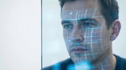Biometric facial recognition technology that scans the human face with a digital grid. Man with facial scan.
