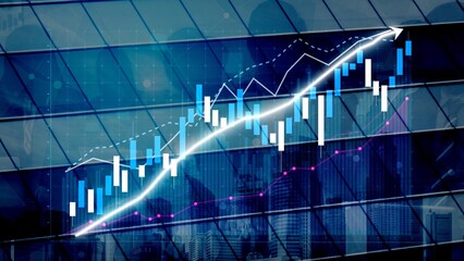 Dynamic visualization of financial growth featuring colorful charts and graphs set against a modern glass building, symbolizing market trends and economic progress. Copula