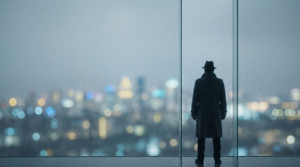 A mysterious man looks out of the window of a tall skyscraper. The city is blurred in the background. Global uncertainty and the concept of the future.