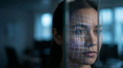 Woman looking through a glass with a futuristic hologram. Concept of technological control and digital regulation.