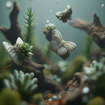 The microcosm of succulents and stone butterflies. The mystical photorealistic underwater world of the aquarium