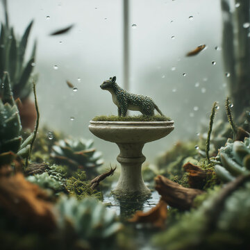 Miniature world with stone statue of a leopard surrounded by succulents. Mystical photorealistic underwater aquarium world