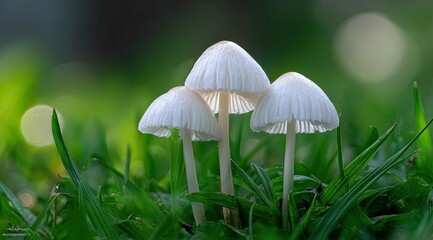 Trio of white mushrooms amidst green grass, soft focus backdrop