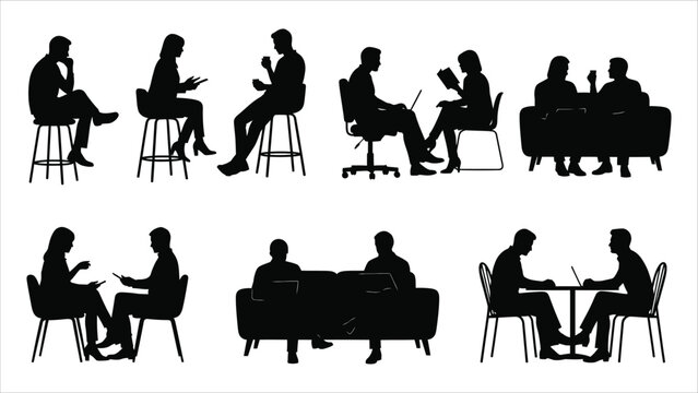 Set of human silhouettes, seated poses, men and women. Architectural entourage style. Figures sitting on stools, office chairs, sofas, and cafe tables. interacting, reading, and working on laptop.eps