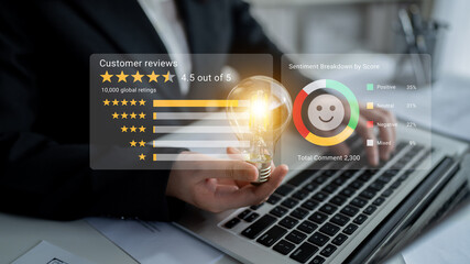 A close-up image illustrating customer reviews and sentiment analysis on a laptop, highlighting ratings, feedback, and insights for enhancing business decisions and performance. Gantry