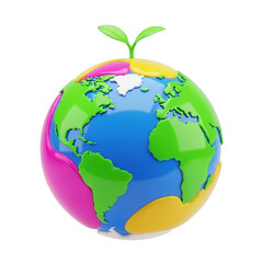 Obraz premium Colorful earth globe with green plant sprout symbolizing global growth and sustainability