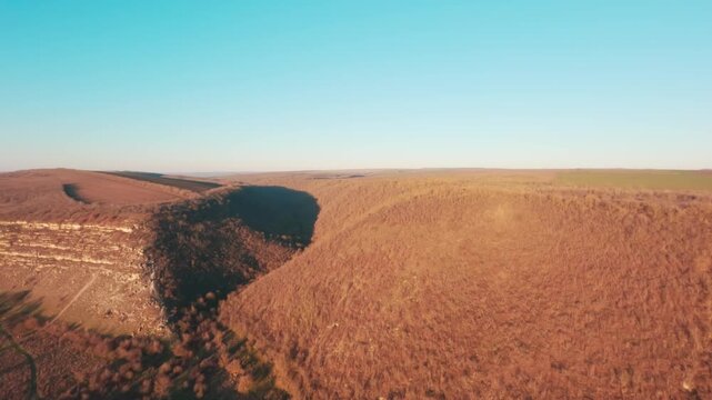 FPV drone aerial shot. Beautiful mountain view of nature landscape in late autumn. Moldova, Europe