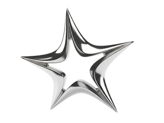 A shiny metallic five pointed star with reflective surfaces on transparent background