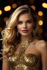 Glamorous Fashion Model with Blonde Hair Wearing a Shimmering Golden Dress
