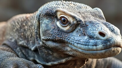 Obraz premium Close-up portrait of a Komodo dragon reptile with textured scales and watchful eyes.