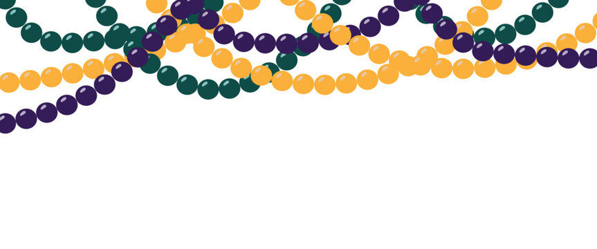 Colorful strings of purple, green and gold beads draped along the top edge, simple festive header for Mardi Gras party cards, flyers, web banners and carnival graphics
