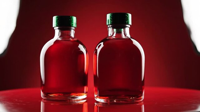 Three Red Liquid Bottles with Green Caps Rotating on Red Background