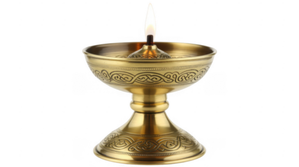 Gold candleholder with lit candle isolated on a transparent background